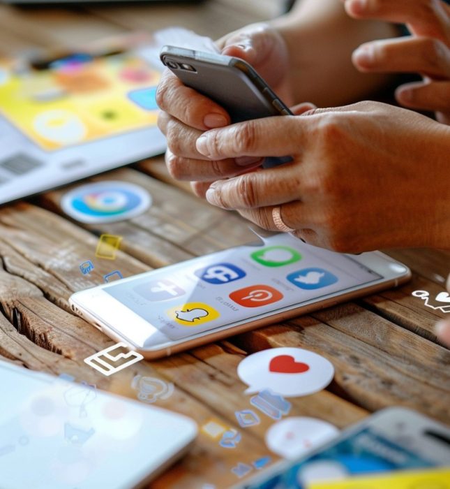 Engaged hands hold a smartphone among vibrant social media icons on a rustic table.