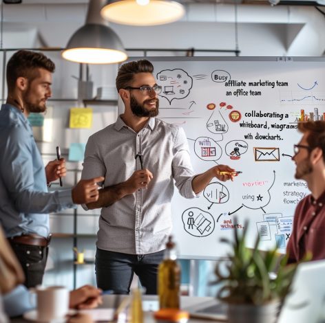 Team brainstorming session in a vibrant office, featuring engaging discussions and colorful whiteboard strategies.