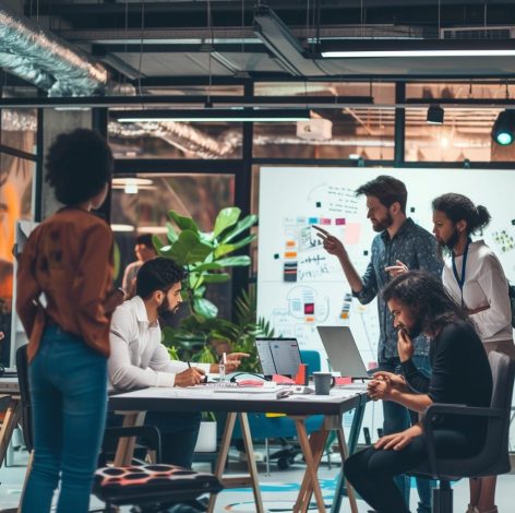 Diverse professionals collaborate enthusiastically in a bright, modern office space filled with natural light.