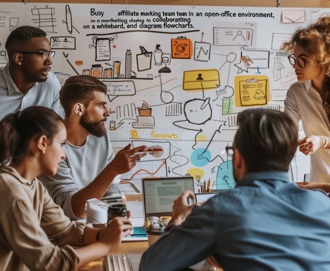 Diverse team brainstorming creatively in a modern open office with collaborative tools and visuals.