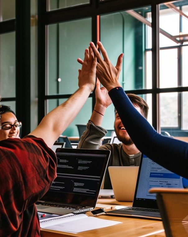 Diverse team celebrates success with a high-five in a collaborative, modern office setting.