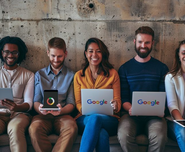 Diverse tech team collaborates on devices in a modern, inviting workspace.