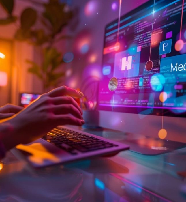 Energetic tech workspace with colorful lighting, fostering creativity and productivity in digital tasks.