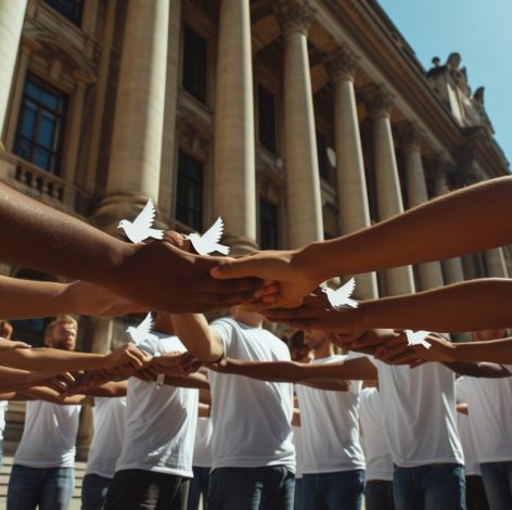 Human chain of solidarity in white t-shirts, united against a grand architectural backdrop.
