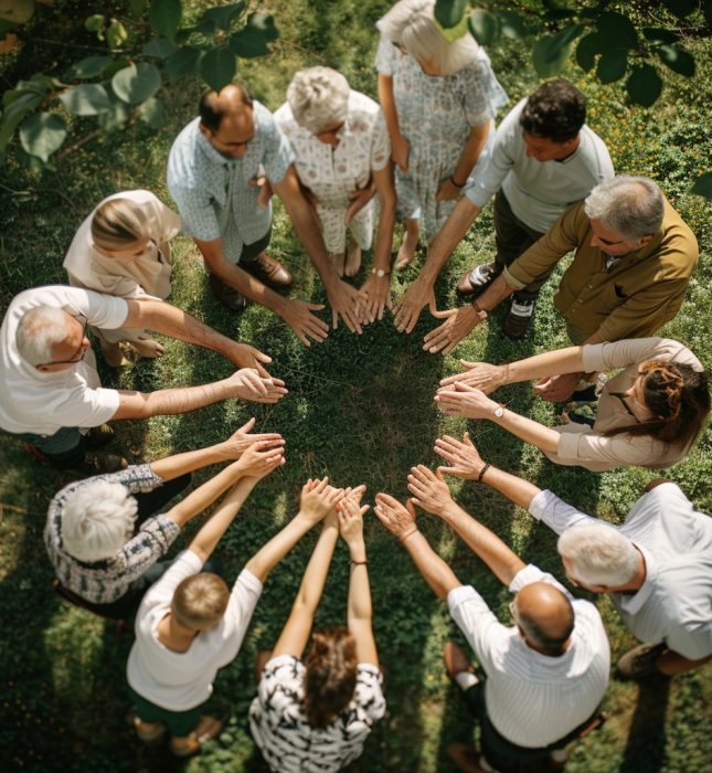 Diverse group unites in a sunny park, symbolizing harmony and intergenerational connections.