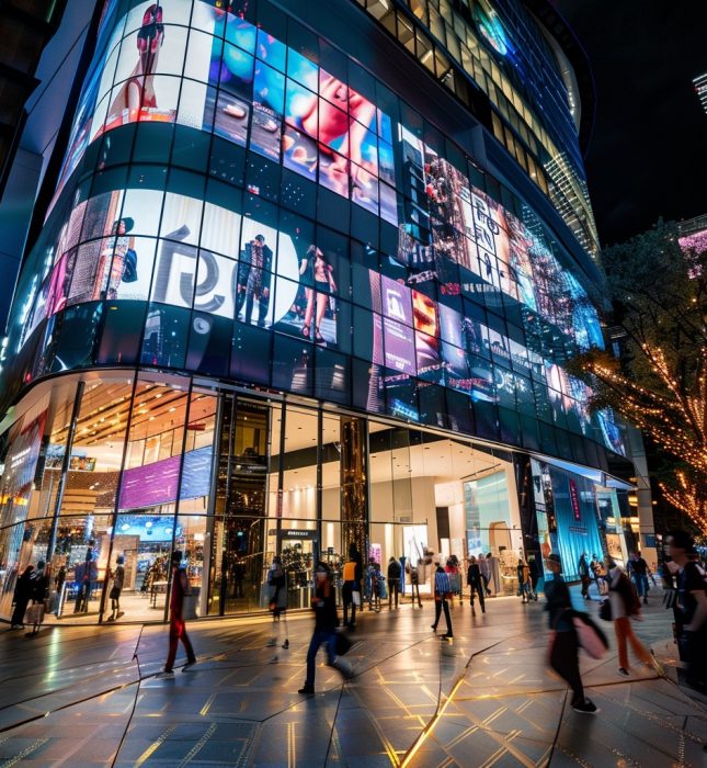 Lively urban nightlife with vibrant digital displays and diverse crowds enjoying the festive atmosphere.