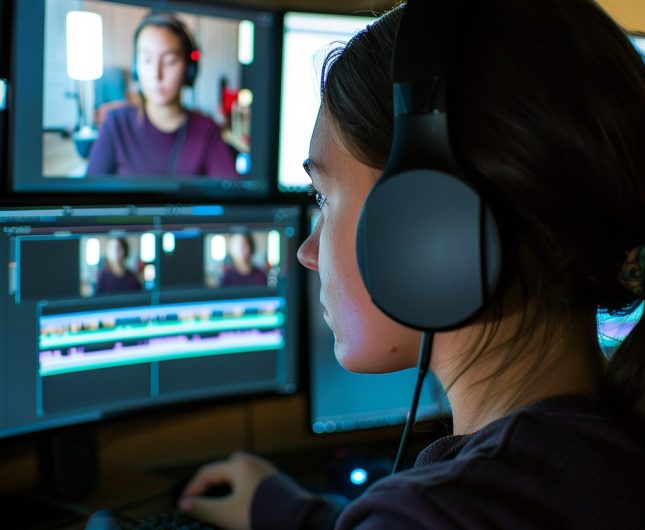 Young woman focused on video editing in a creative, dimly lit workspace with multiple monitors.