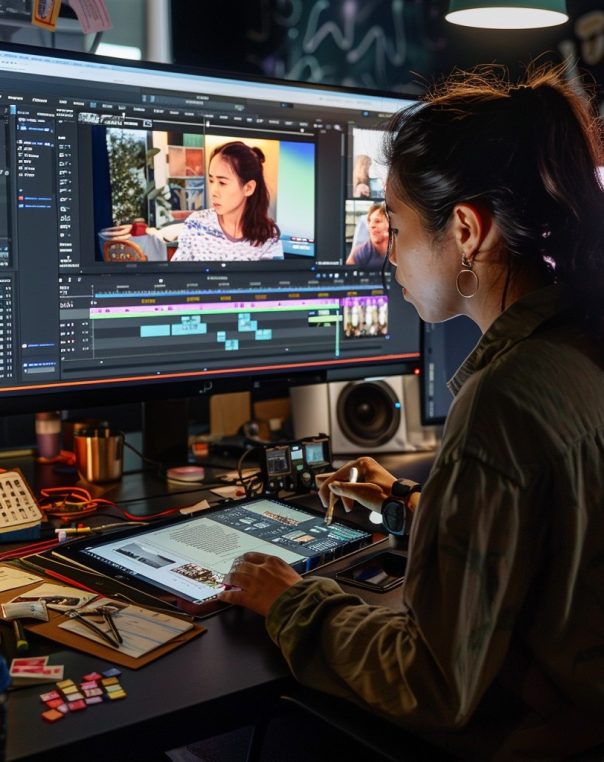 Woman focused on video editing in a modern, creatively organized workspace with dual monitors.