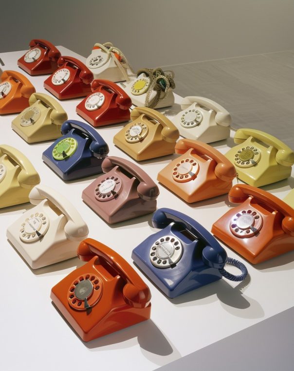 Vibrant vintage rotary phones collection showcasing mid-20th century design and nostalgia for communication.