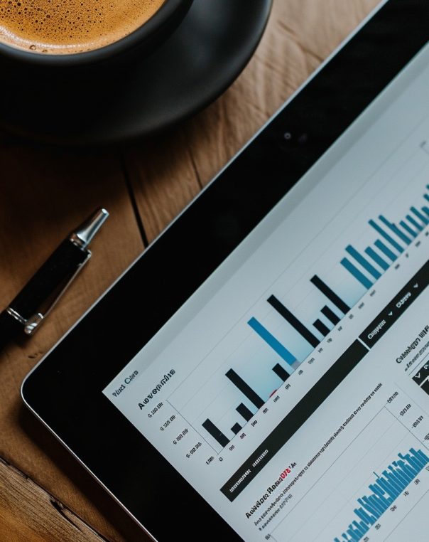 Cozy workspace with coffee, tablet displaying data visuals, and a sleek pen for notes.