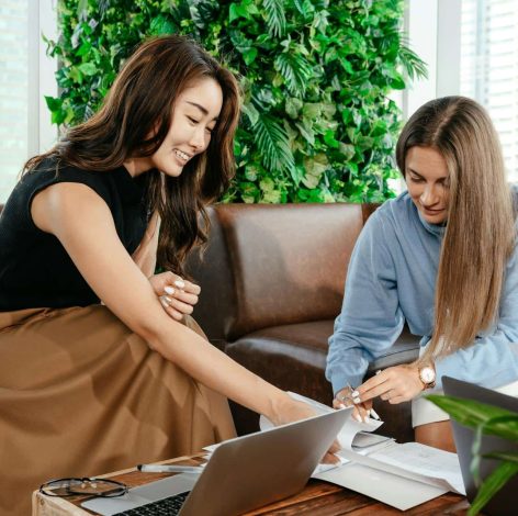 Women collaborating in a bright, modern workspace filled with greenery and creativity.