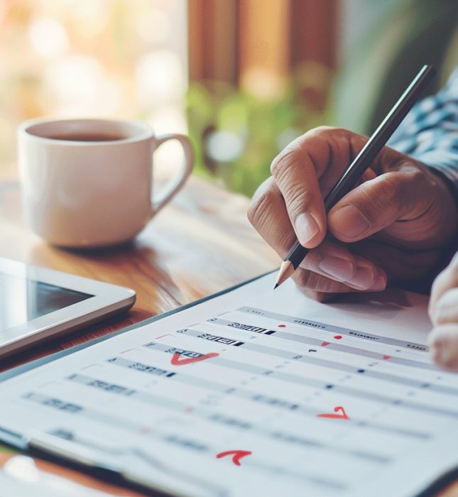 Cozy workspace with focused writing, warm wood, soft light, and a cup of tea.