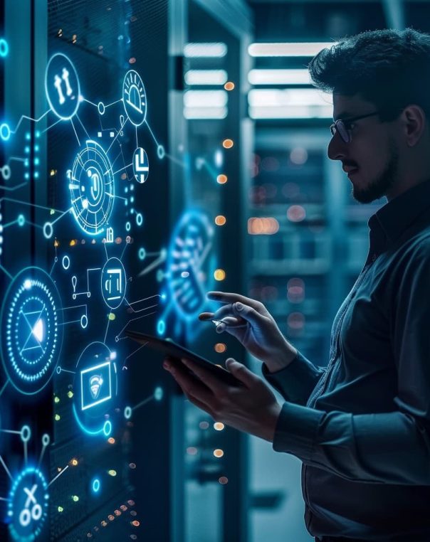 Young technician using holographic technology in a high-tech server room focused on cybersecurity.